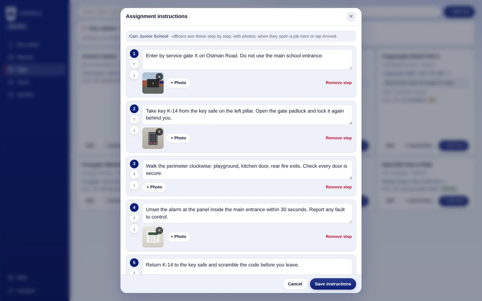 Assignment instructions editor with five steps and photos