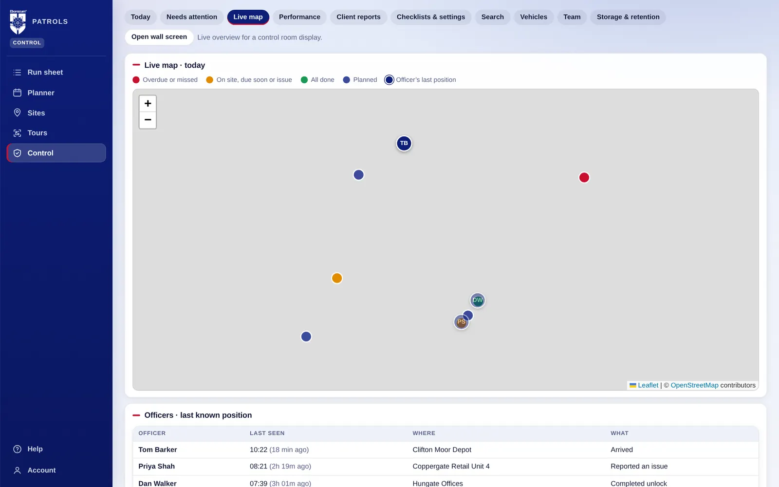 Live map with coloured site pins and officer markers