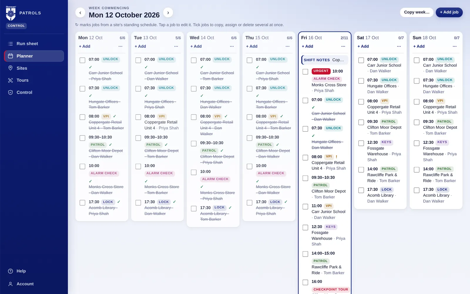Week planner with jobs per day