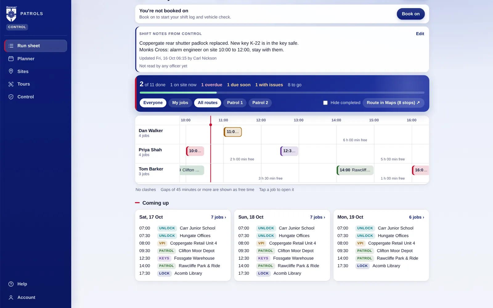 Run sheet timeline view with jobs per officer