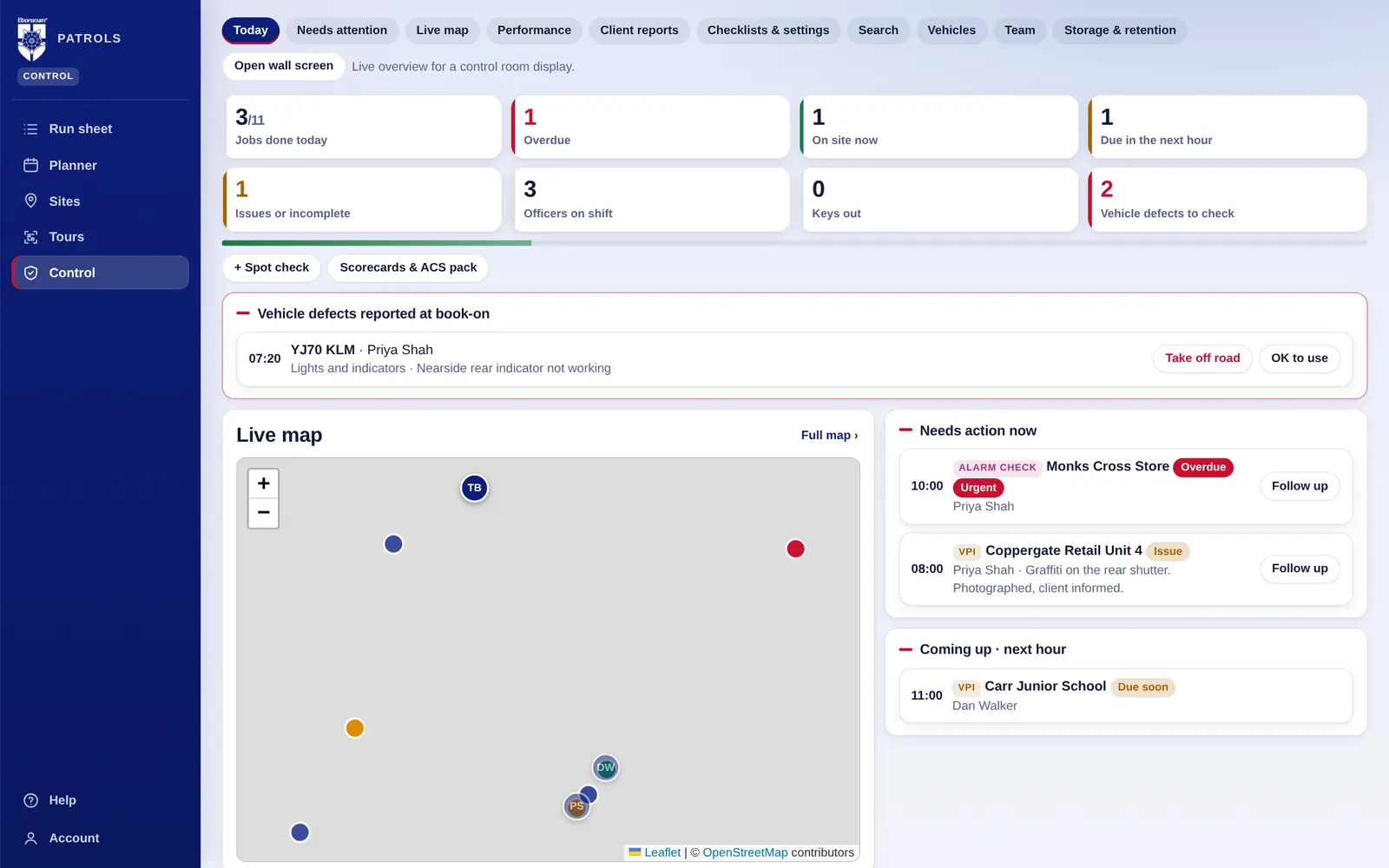 PatrolApp Control dashboard showing jobs done, overdue jobs, a live map and officers on shift