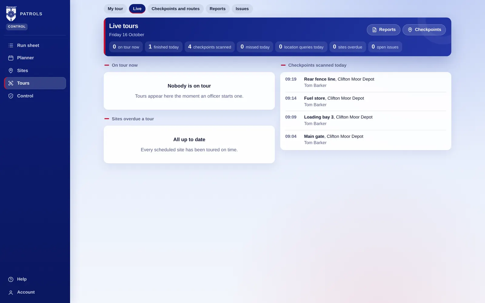 Live tours page with checkpoints scanned and times