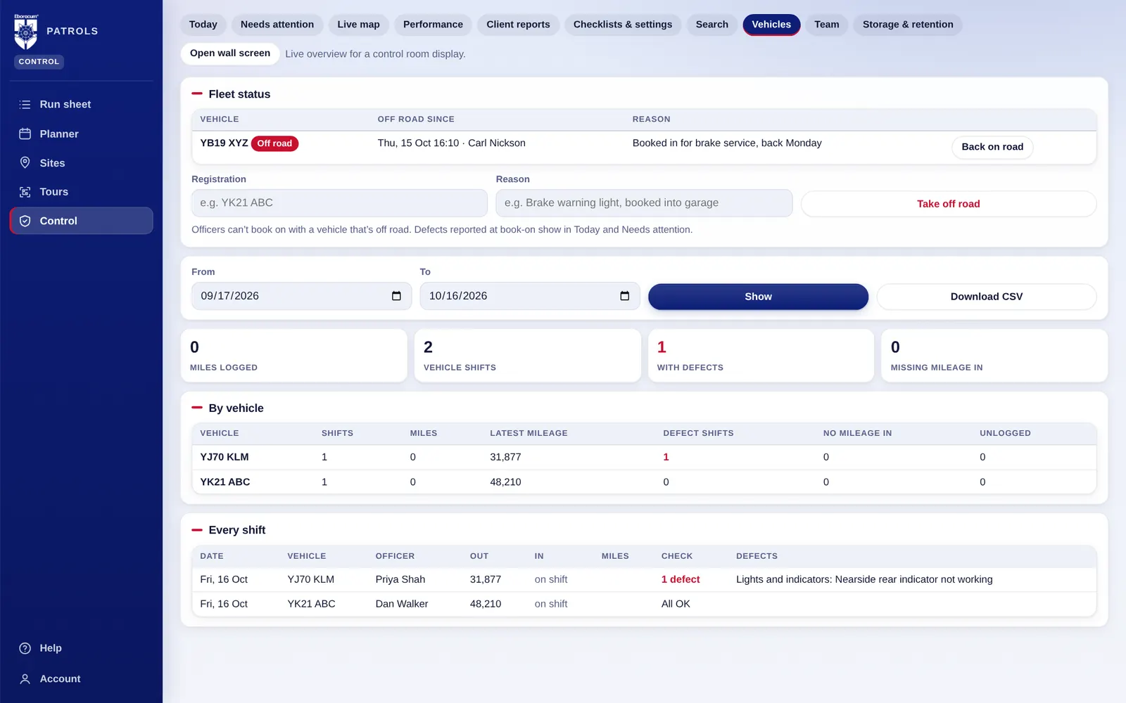 Vehicle report with fleet status