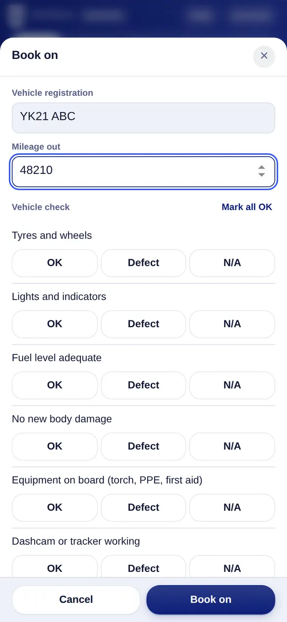 Book on form with vehicle registration, mileage and checks