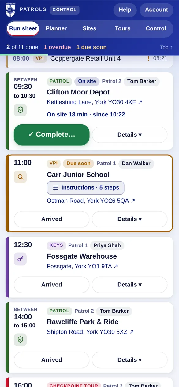 Job cards with on-site clock and instructions button