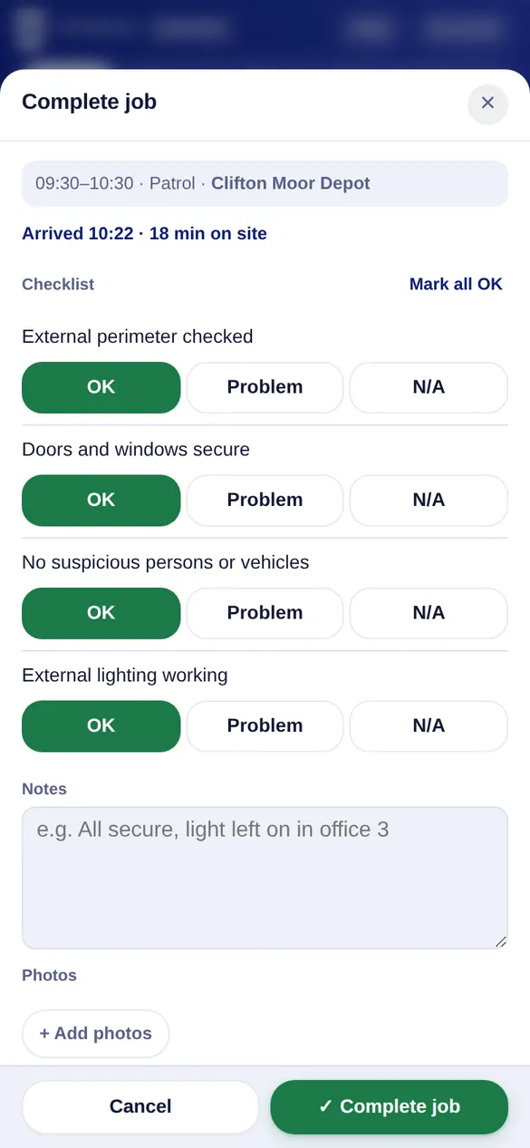 Complete job form with checklist and photo upload