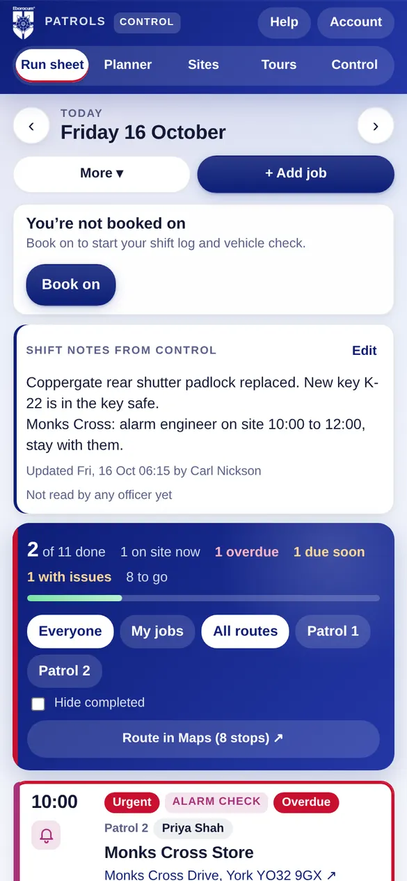 Officer run sheet on a phone with job cards and a Complete button
